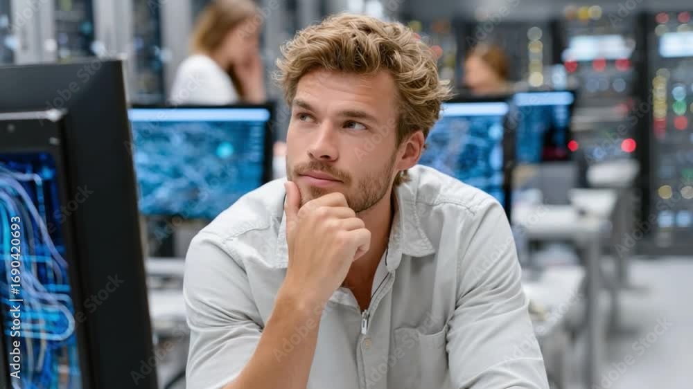 Poster thoughtful engineer: a focused engineer ponders complex data, immersed in a server room. the scene c