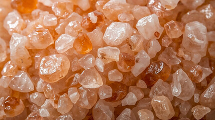 Macro shot of pink Himalayan salt crystals. The crystals are irregular in shape and translucent, with varying shades of pink and orange.
