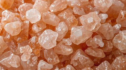 A macro shot of coarse pink Himalayan salt crystals, revealing their translucent, irregular shapes and beautiful mineral hues. A natural and healthy ingredient.