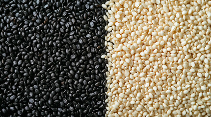 A split view of black and white sesame seeds, creating a striking contrast and textural detail. Both are piled high and fill the frame.