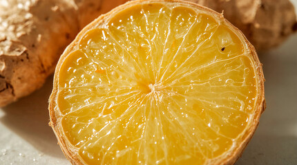 A close-up shot of a sliced lemon revealing its vibrant, juicy interior, with ginger roots in the blurred background.