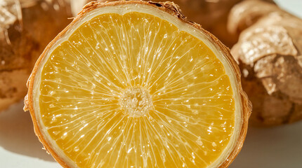 A bright, glistening slice of lemon is the focus, its vibrant yellow pulp and juicy segments highlighted. In the background, the rough, textured skin of ginger root is visible.