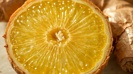 A vibrant, juicy slice of lemon glistens with moisture, its segments radiating outwards, paired with the earthy texture of ginger root. A refreshing close-up.