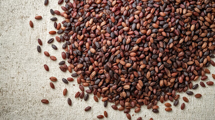 A pile of dark red and brown seeds are spread across a textured, light-colored fabric surface, creating a rich, earthy visual.