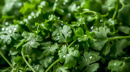 Close-up of fresh, vibrant green parsley leaves glistening with water droplets, showcasing their intricate texture and healthy, natural beauty.