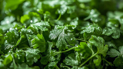 Close-up of fresh, vibrant green parsley leaves glistening with water droplets, highlighting their intricate texture and natural beauty.