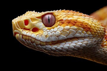 Obraz premium A striking close-up captures the intricate detail of a pale snake's head, its textured scales and intense gaze conveying a sense of primal beauty and quiet power against darkness.