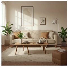 Bright and Airy Modern Living Room Interior with Beige Sofa, Wooden Coffee Table, Green Potted Plants, and Sunlight