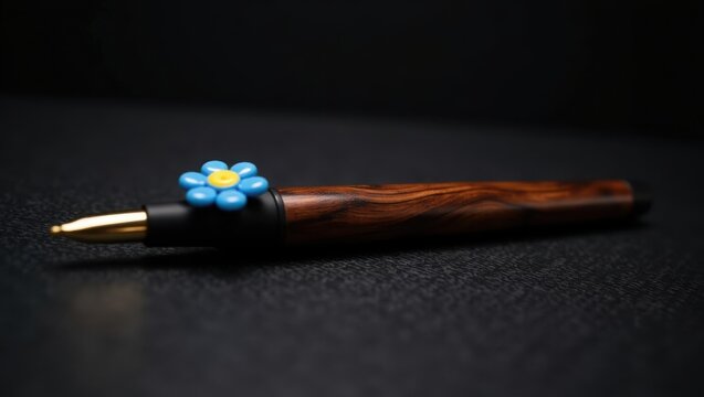 Elegant wooden pen with blue flower, writing dreams beautifully expressed.