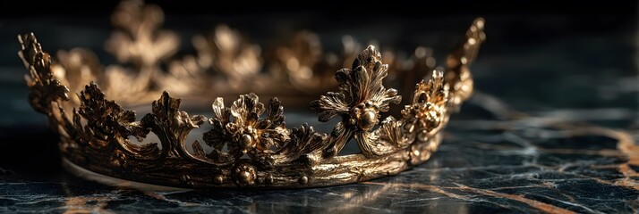 Ornate, intricate golden crown rests on a dark, reflective marble surface. Dramatic side lighting creates deep, luxurious, regal shadows.