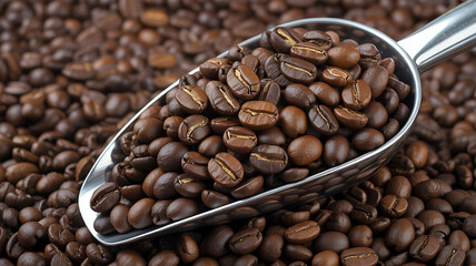 Fototapeta premium Close up of roasted coffee beans in metal scoop aroma fragrance freshness morning beverage ingredients