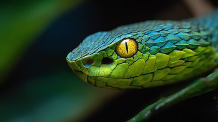 A vibrant close-up captures the intense gaze of a green pit viper, showcasing its intricate scale patterns and striking yellow eyes amidst lush foliage.