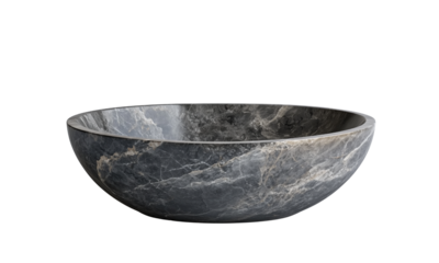Polished dark marble bowl with white veining - a shallow, round stone basin featuring refined natural texture and contemporary design.