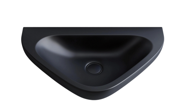 Matte black triangular corner bathroom sink with smooth curved basin and centered circular drain. - Powered by Adobe