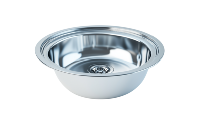 Polished round stainless steel kitchen sink basin with integrated drain strainer and smooth rolled rim.