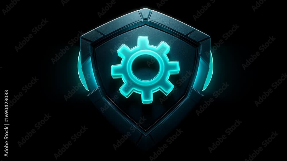 Poster shield with gear symbol showcases modern technology and security concepts used in software developme