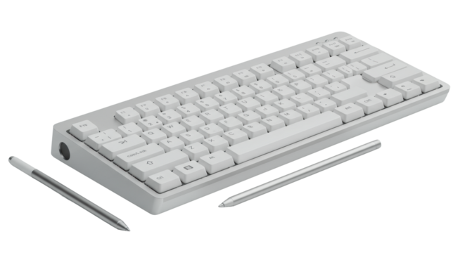 White QWERTY keyboard with silver base, sharp black lettering, and silver stylus, at 45-degree angle, isolated on transparent, studio lit, concept of refined modern technology