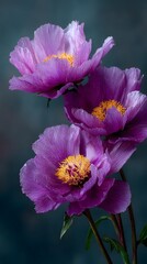 Fototapeta premium Three elegant, fully bloomed pink peonies with delicate petals and yellow centers are set against a dark, moody purple background with light.