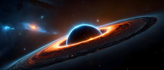 Massive black hole in deep space with glowing blue and orange accretion disk, cosmic scene of astronomy and sci-fi wonder.