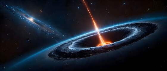 Astronomy concept of giant black hole with event horizon, glowing disk of gas and dust, cosmic and mysterious outer space scene.