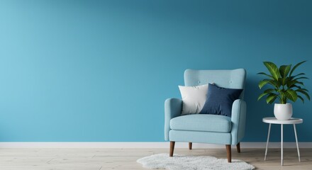 A blue armchair and a plant against a solid blue wall.
