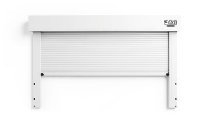 White rolling shutter door with horizontal slats and mounting frame  