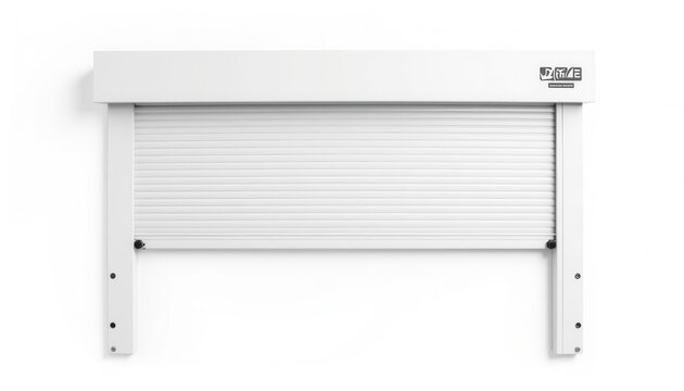 White rolling shutter door with horizontal slats and mounting frame  