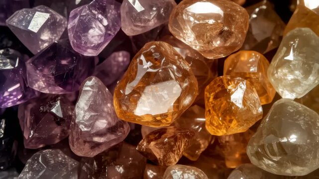 Amethyst and citrine gemstones gleam and rotate in golden light