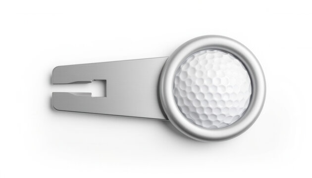 Golf ball marker on stainless steel pitch repair tool  