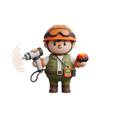 Fototapeta premium Cute Cartoon Character Examining Lava Rock With Geological Surveying Tools Concept