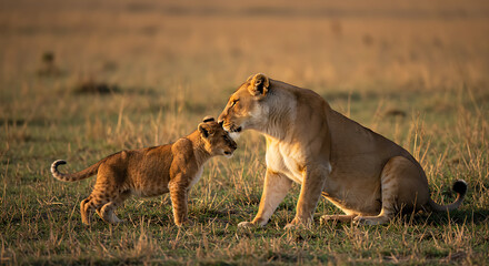 Tender Moment Between A Lioness And Her Cub In The Golden Light Of The African Savanna