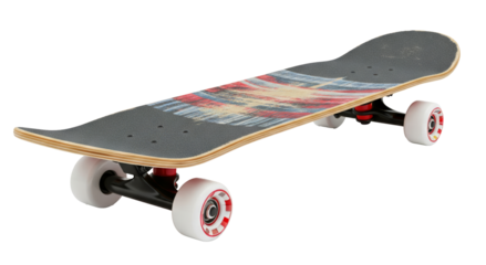 Full skateboard with black wheels and red accents on a blank PNG cutout transparent background isolate