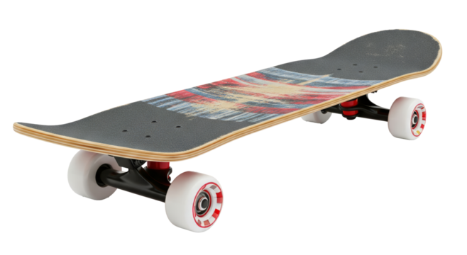 Full skateboard with black wheels and red accents on a blank PNG cutout transparent background isolate