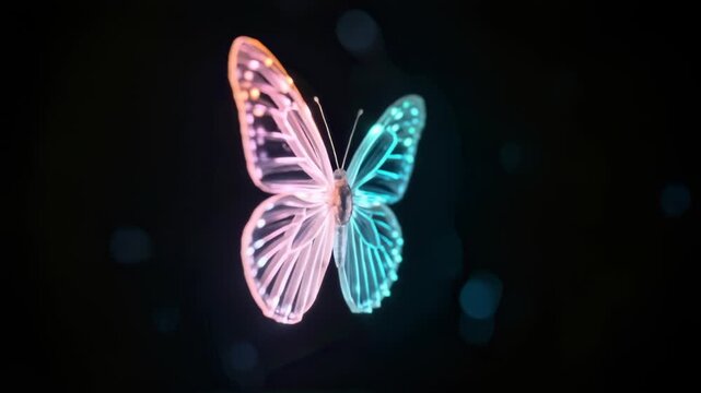 Glass butterfly shimmers with teal and pink luminescence in black