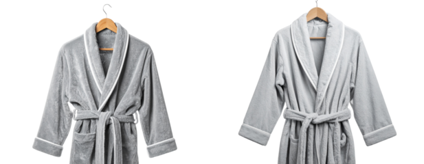  Plush Gray Bathrobe with White Piping on Wooden Hanger, isolated on transparent background PNG