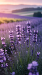 Obraz premium Close up of blooming lavender field against a soft, scenic backdrop