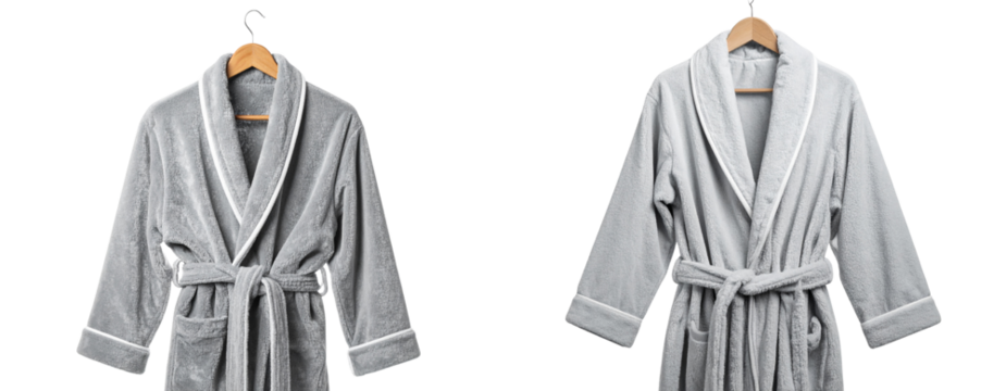 Plush Gray Bathrobe with White Piping on Wooden Hanger, isolated on transparent background PNG