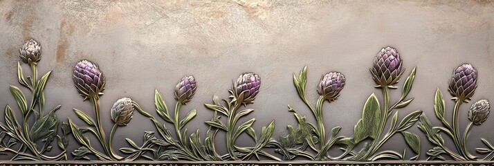 Metal relief artwork of purple flowers