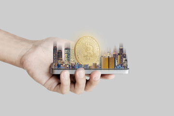 Digital crypto currency investments, exchange, on real estate, and technology, on white background