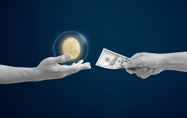 Hand holding digital currency, and Hand holding cash. Cryptocurrency investment, and digital currency exchange concepts