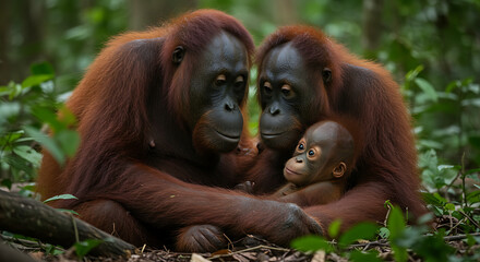 Naklejka premium Tender Moment With A Bornean Orangutan Family In Lush Rainforest