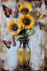 Relief artwork of sunflowers in a vase and flying butterflies