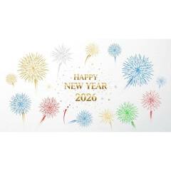 Happy New Year 2026 Typography with Fireworks and Stars Isolated on White Background