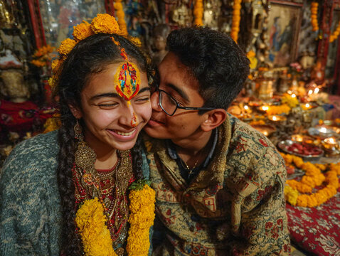 Bhai Tika ritual on the final day of Tihar, sister placing a colorful tika on her brother&rsquo;s forehead, both smiling with affection, surrounded by marigold garlands, oil lamps, and traditional offerings