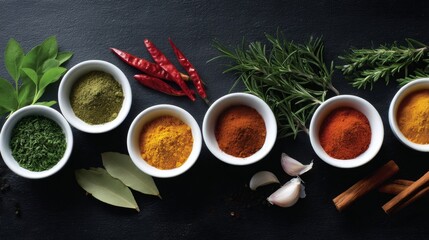 Colorful spices and herbs arranged in bowls on a dark background. A blend of flavors and aromas. Perfect for culinary enthusiasts and food photography. Captured with a modern style. AI