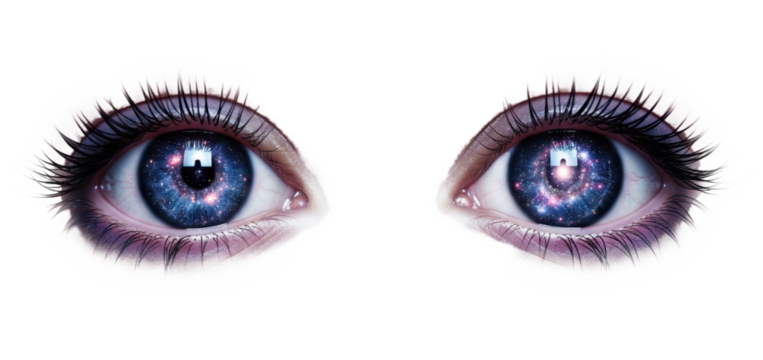 Pair of Cosmic Galaxy Eyes with Starry Pupils and Eyelashes PNG cutout transparent background isolate