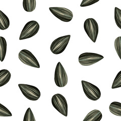 Seamless watercolor pattern with sunflower seeds and grains. Ideal for packaging, textiles, wrapping paper and healthy food design.