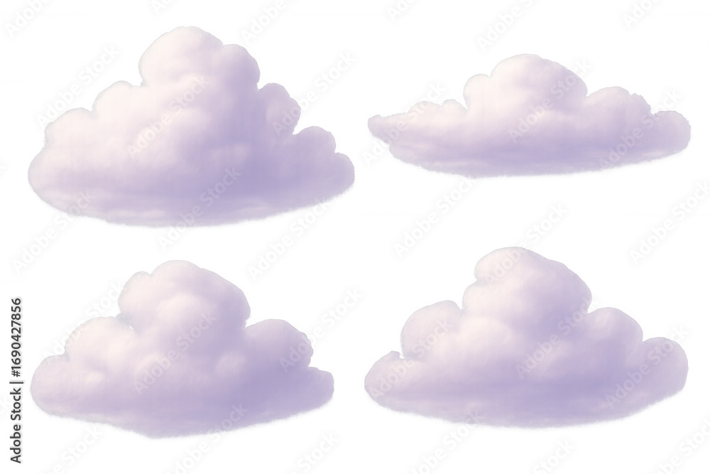 Poster four fluffy cartoon clouds are floating on a transparent background, perfect for adding a touch of w