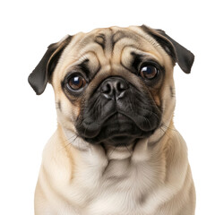 Obraz premium Cute Pug Dog Face Portrait with Sad Expressive Eyes Adorable Pet Canine Mammal PNG cutout transparent background isolate