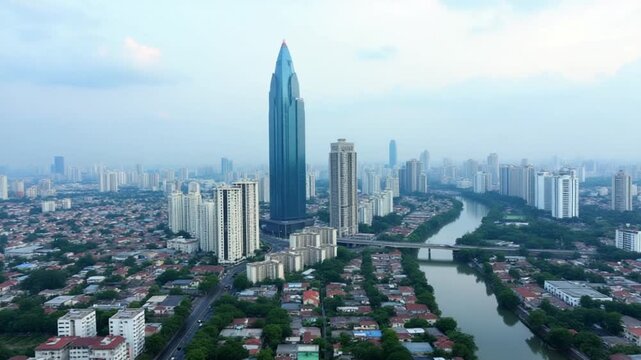 Panoramic view of Saigon, Vietnam from above at Ho Chi Minh City's central business district. Cityscape with Landmark 81 skyscraper and many buildings, local houses, rivers.